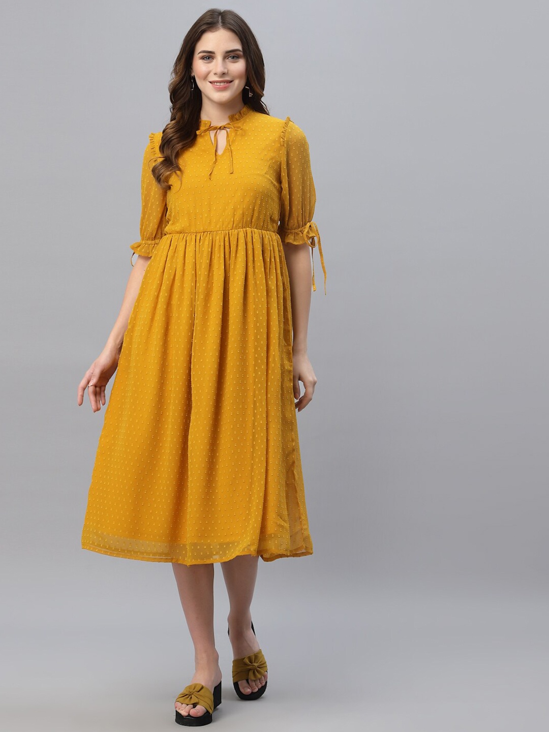 

HOUSE OF KKARMA Women Keyhole Neck Georgette Empire Midi Dress, Mustard