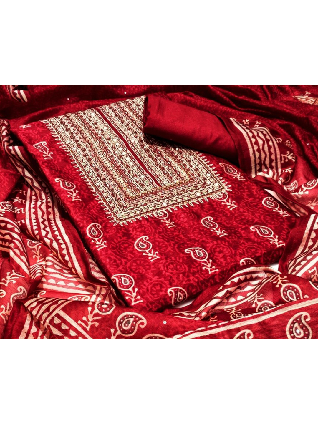 

SALWAR STUDIO Maroon & Cream-Coloured Embroidered Unstitched Dress Material