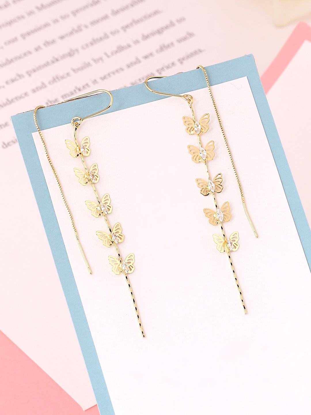 

Yellow Chimes Gold Tone Butterfly Designed Crystal Beaded Chain Drop Danglers Earring