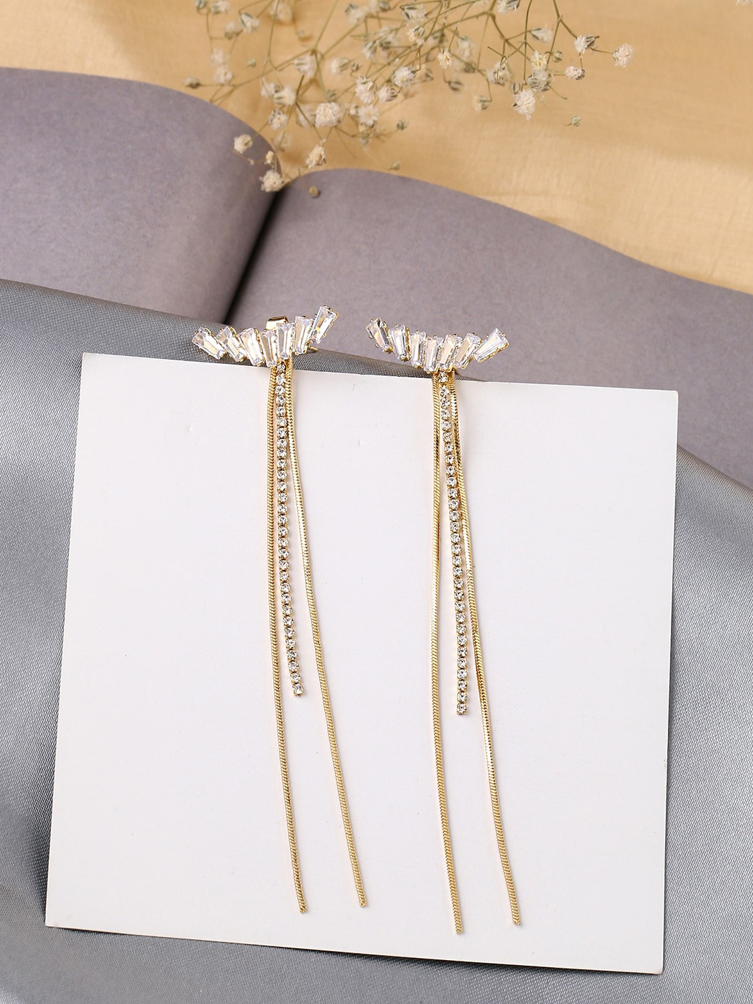 

Yellow Chimes Women White Crystal Studded Gold-Plated Teardrop Shaped Drop Earrings