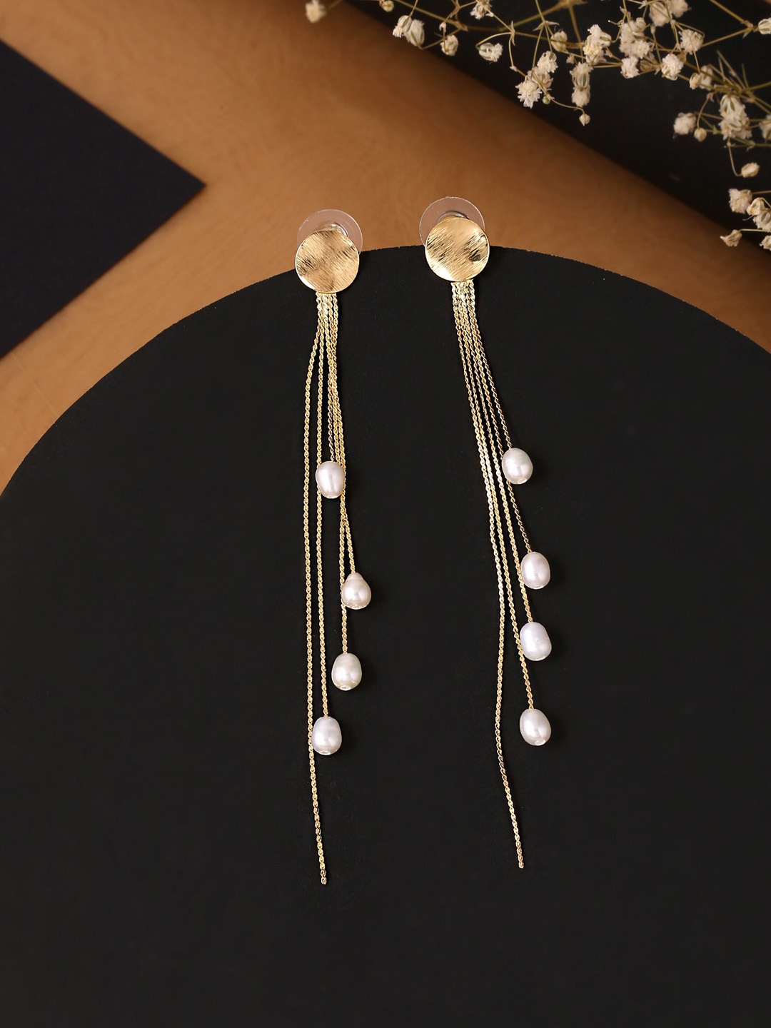 

Yellow Chimes Women Gold Toned Clip On Stud With Long Tassel Chain Pearl Drop Earrings