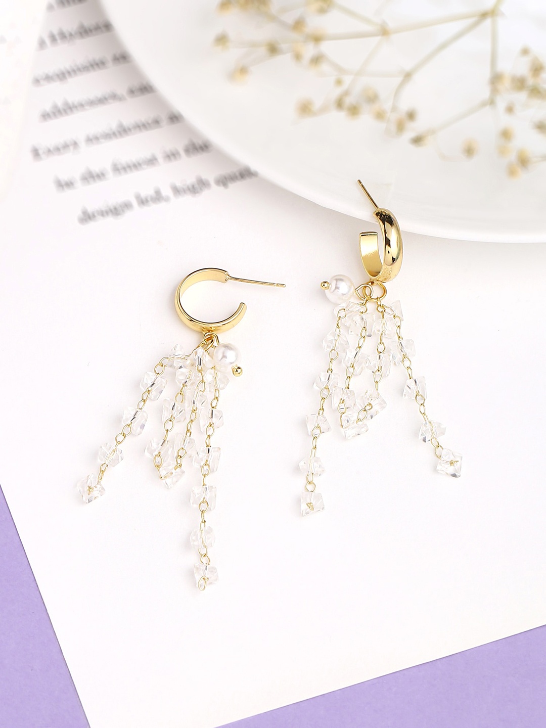 

Yellow Chimes Women White Gold-Plated Contemporary Crystal Tassel Drop Earrings