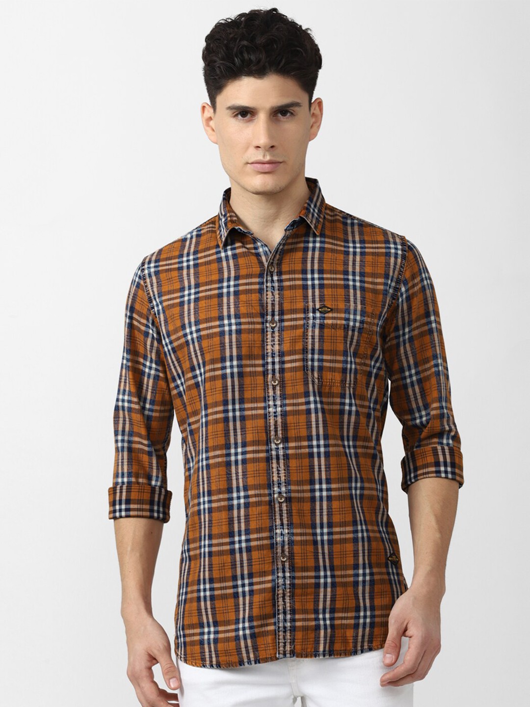 

VAN HEUSEN DENIM LABS Men Mustard Yellow Slim Fit Tartan Checks Pure Cotton Casual Shirt