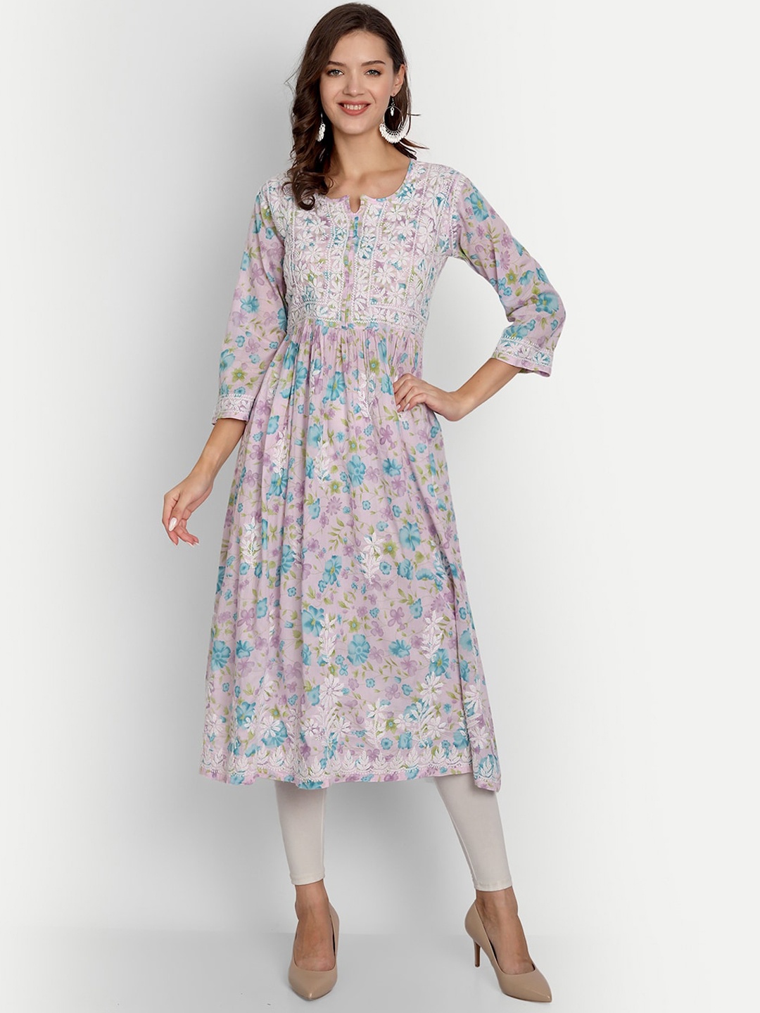 

Indiankala4u Women Lavender Floral Embroidered Chikanakri Kurta