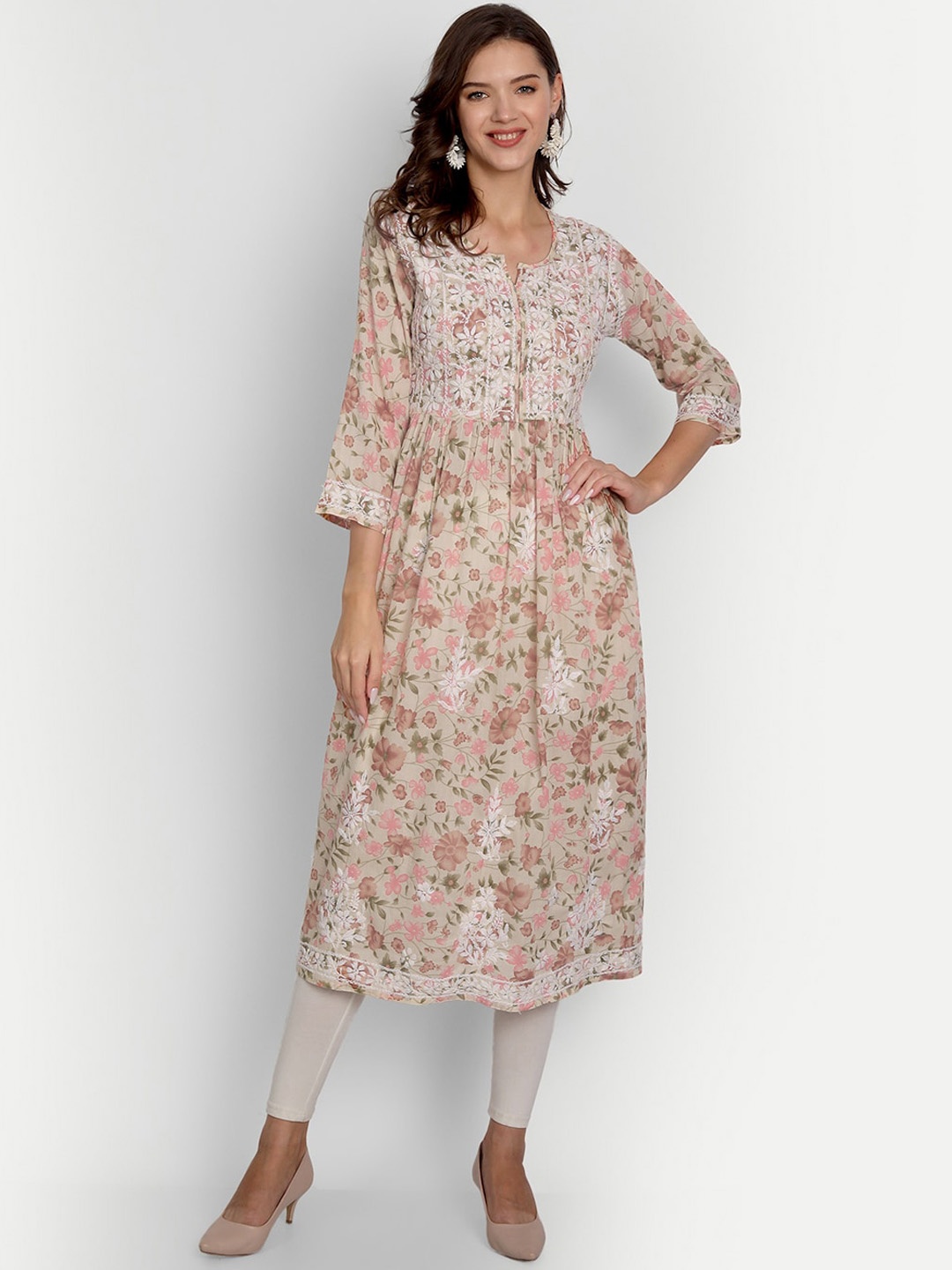 

Indiankala4u Women Beige Floral Printed Chikankari Kurta