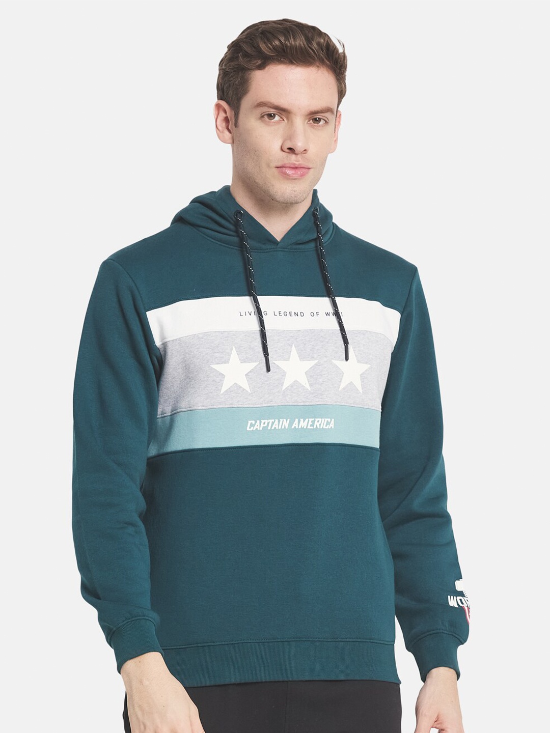 

Octave Men Green Printed Hooded Fleece Sweatshirt