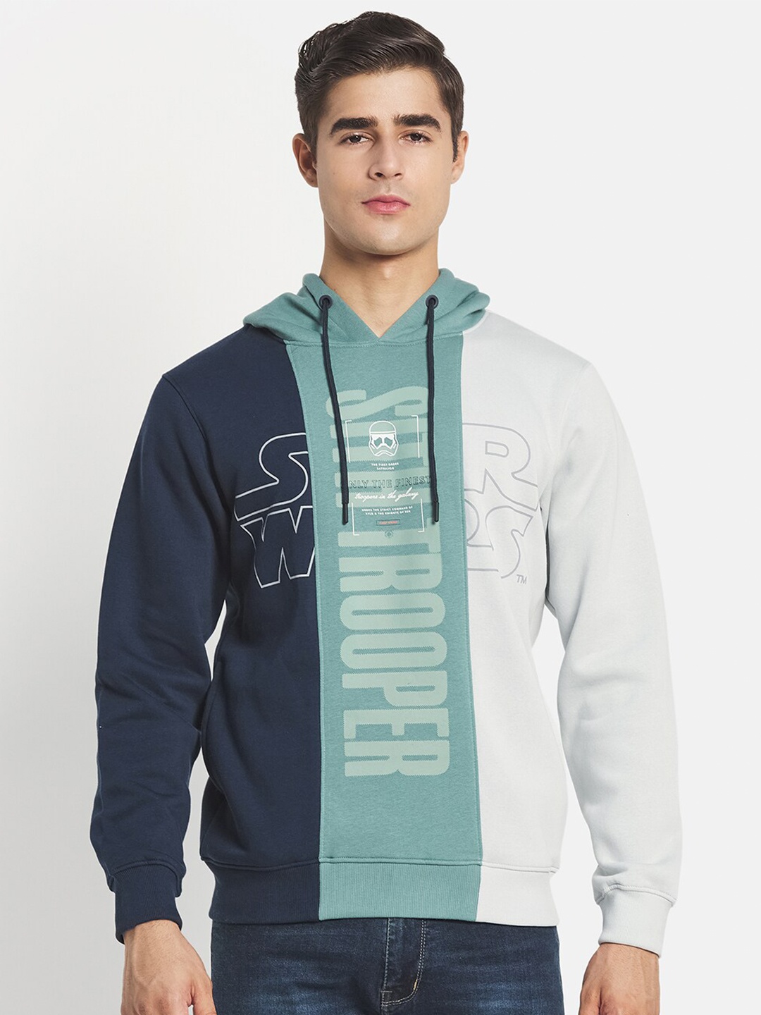 

Octave Men Navy Blue & Green Printed Hooded Fleece Sweatshirt