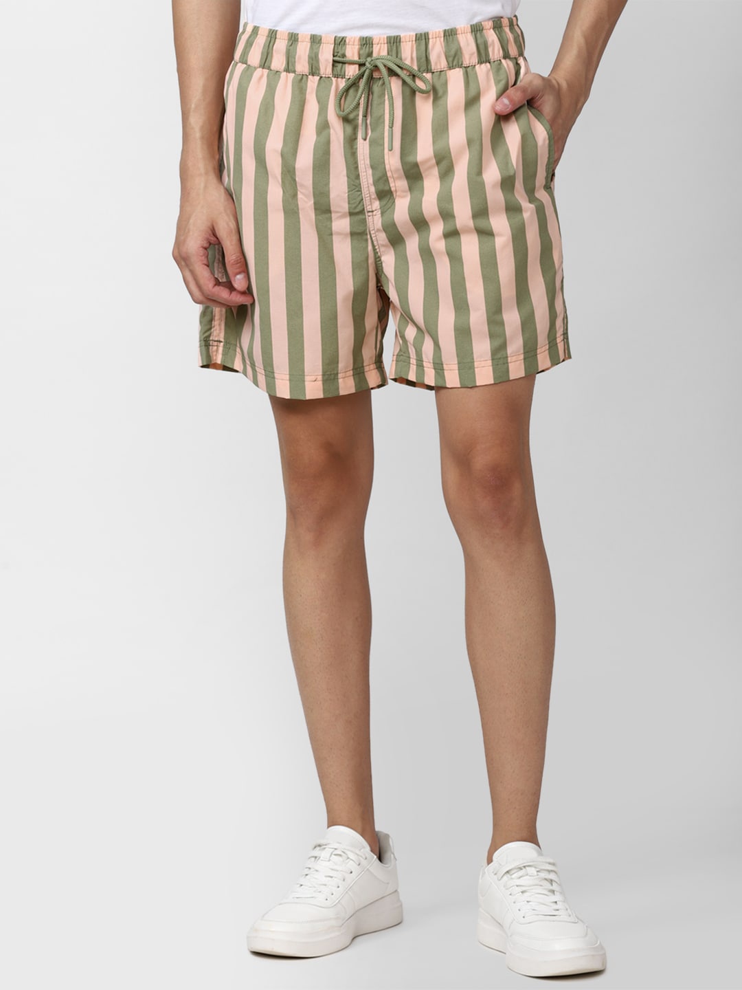 

FOREVER 21 Men Green & Peach-Coloured Striped Swim Bottoms