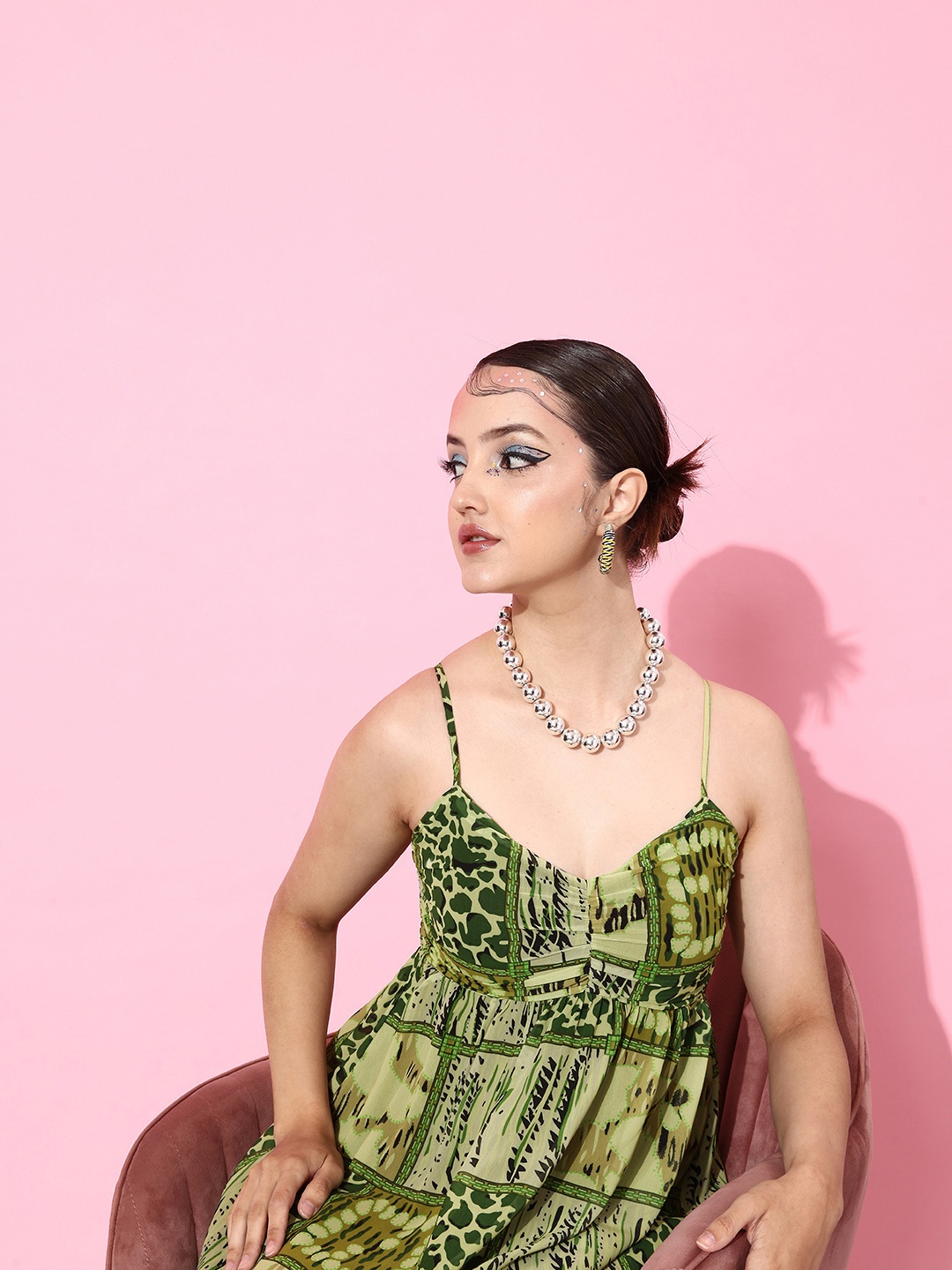 

KASSUALLY Women Gorgeous Green Animal Printed Spaghetti Straps Dress