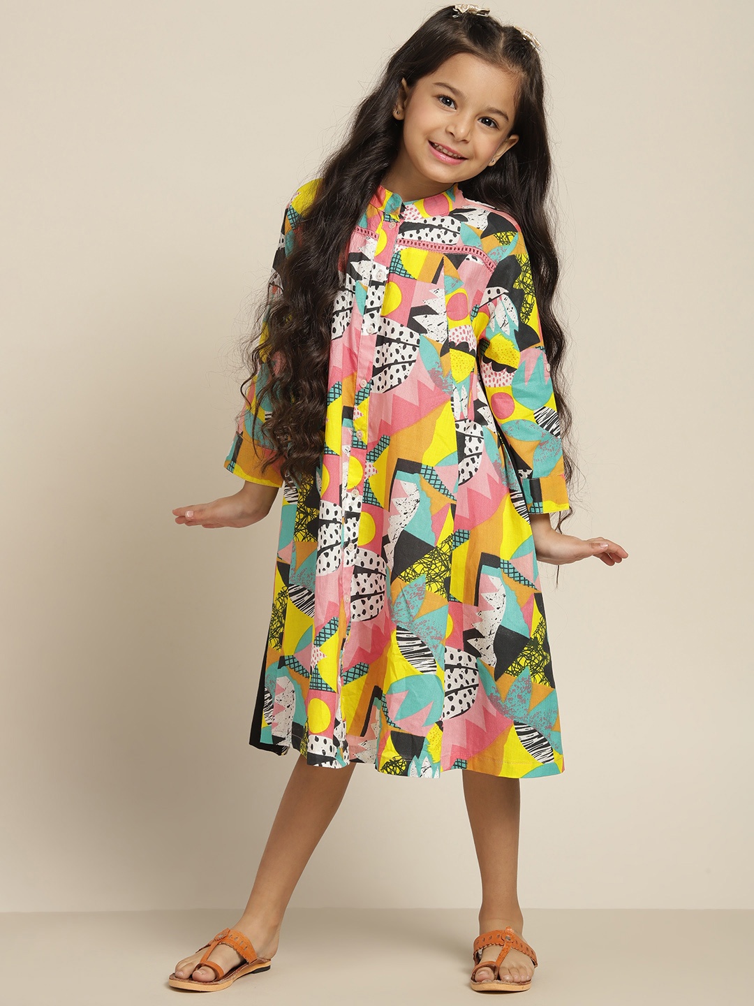 

Sangria Girls Multi Abstract Print Pure Cotton Shirt Style Knee Length Dress