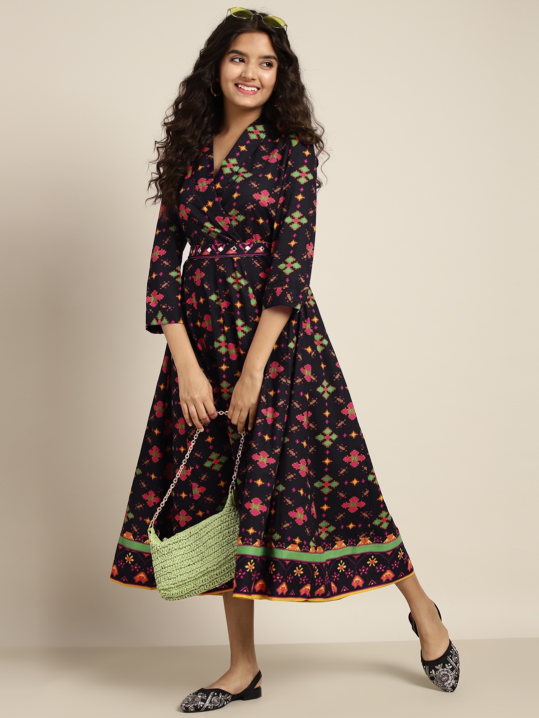 

Sangria Girls Pure Cotton Geometric Print Anarkali Kurta, Black