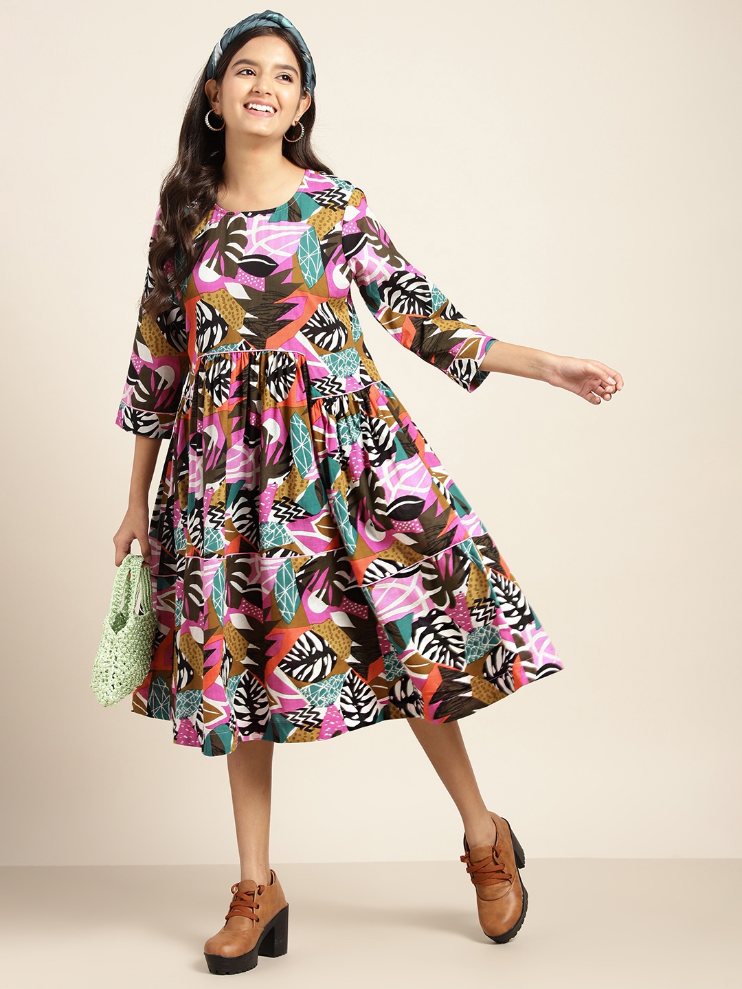 

Sangria Girls Multi Tropical Print Pure Cotton Fit & Flare Knee Length Dress