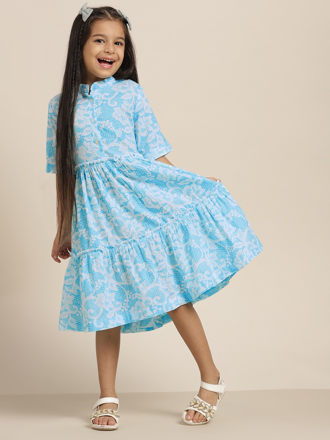 

Sangria Girls Blue & White Cotton Printed Fit & Flare Dress