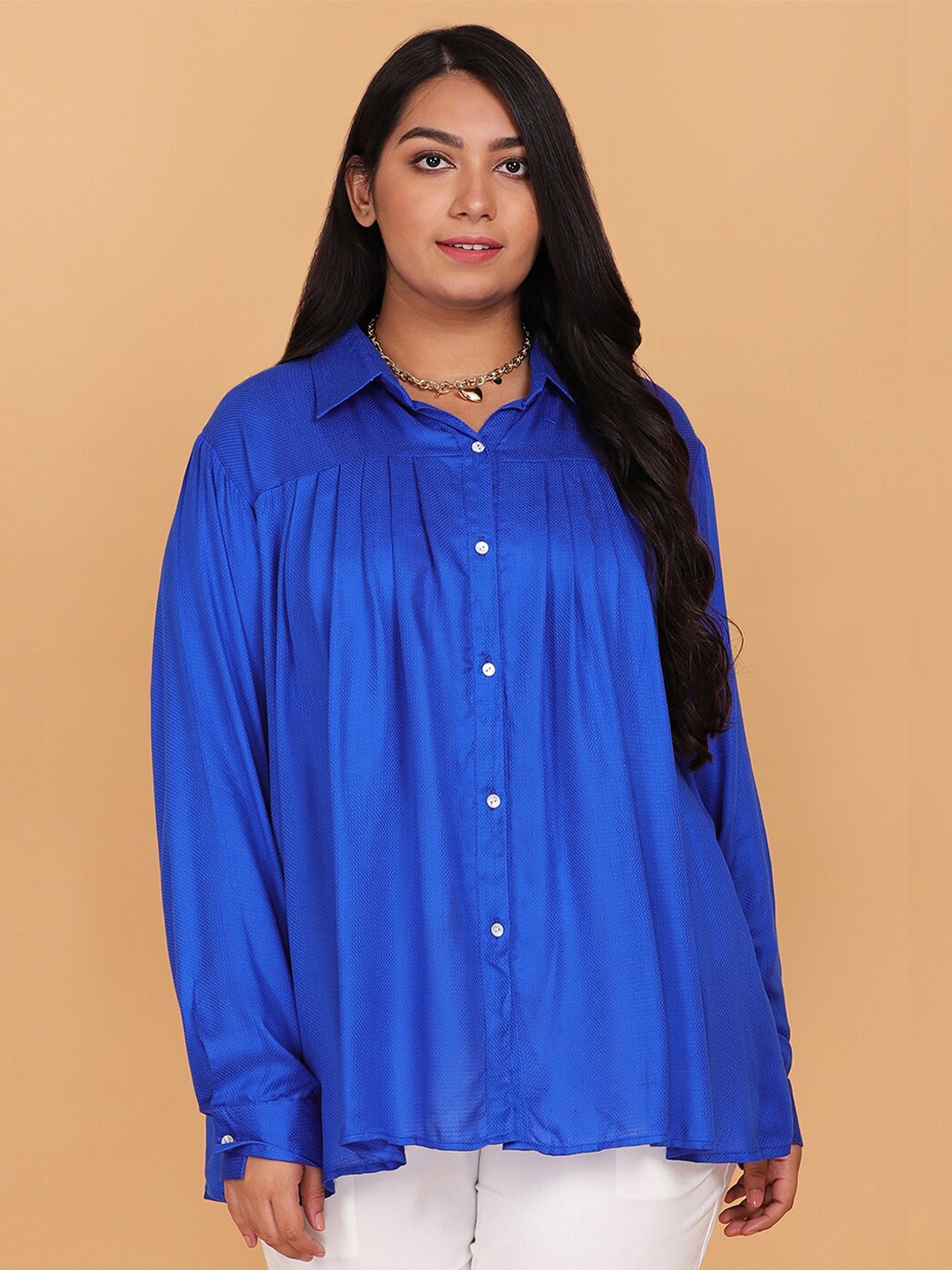

LastInch Women Blue Solid Pleated Casual Pleated Shirt