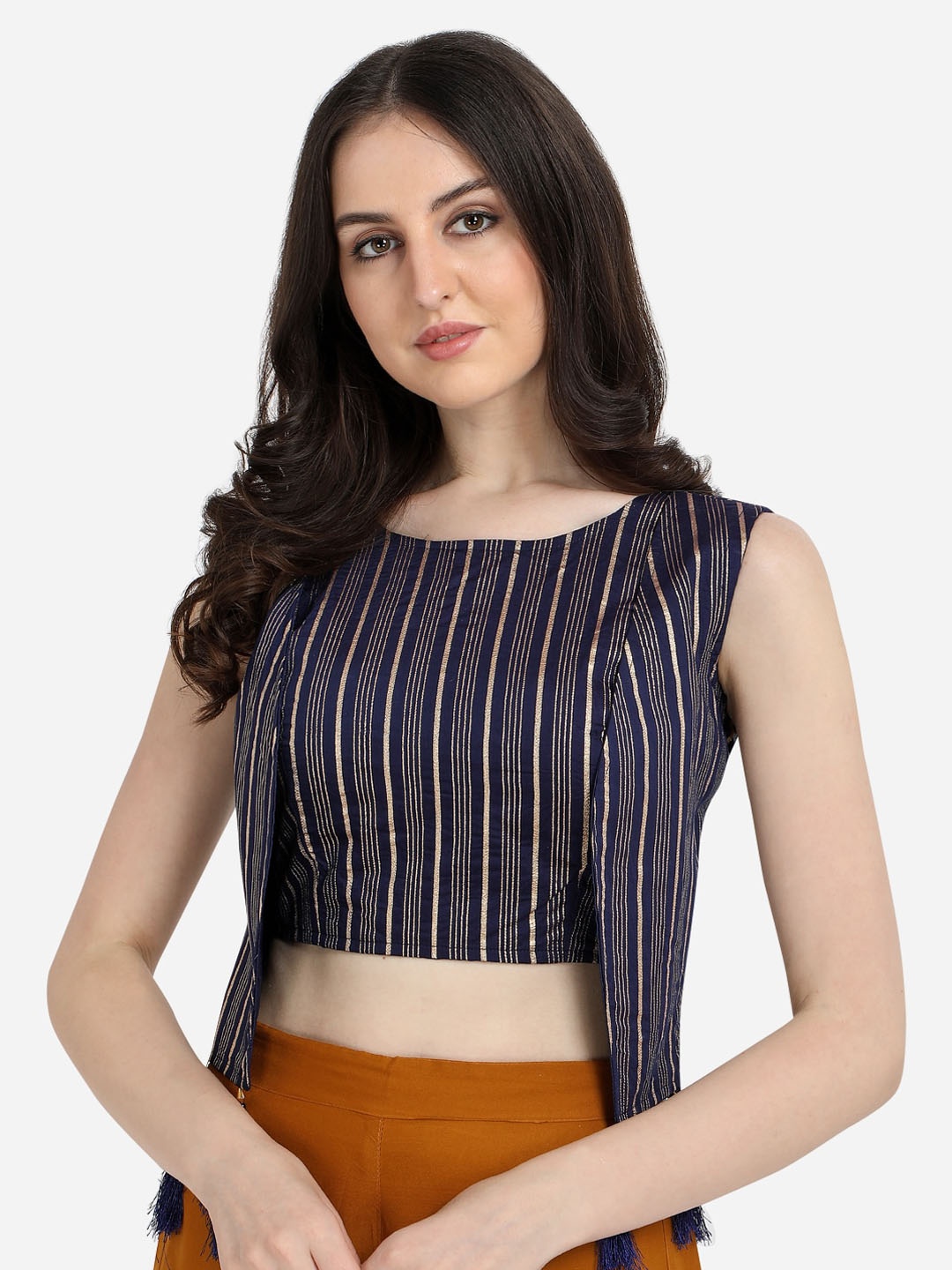 

Amrutam Fab Women Navy Blue Striped Silk Saree Blouse