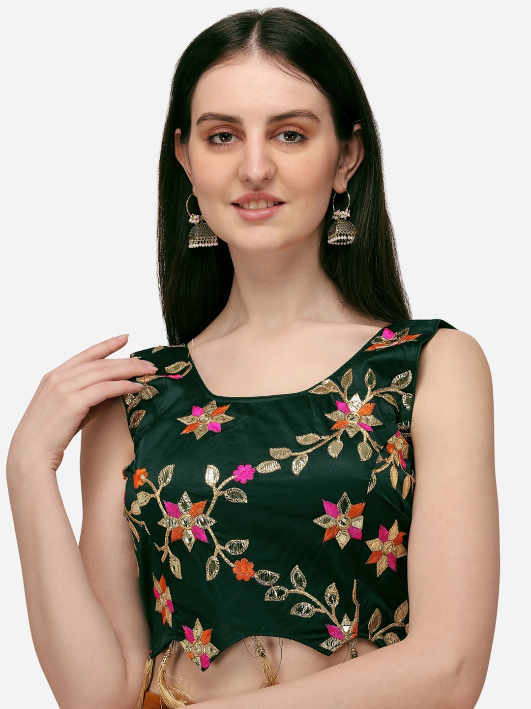 

Amrutam Fab Women Green Embroidered Readymade Silk Saree Blouse