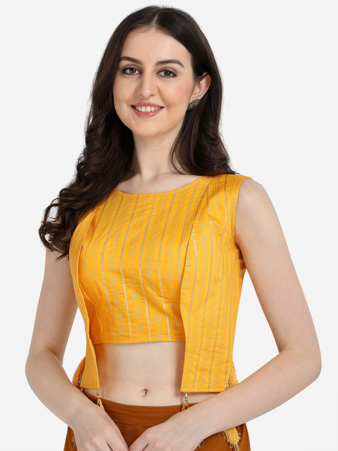 

Amrutam Fab Women Yellow Striped Silk Saree Blouse