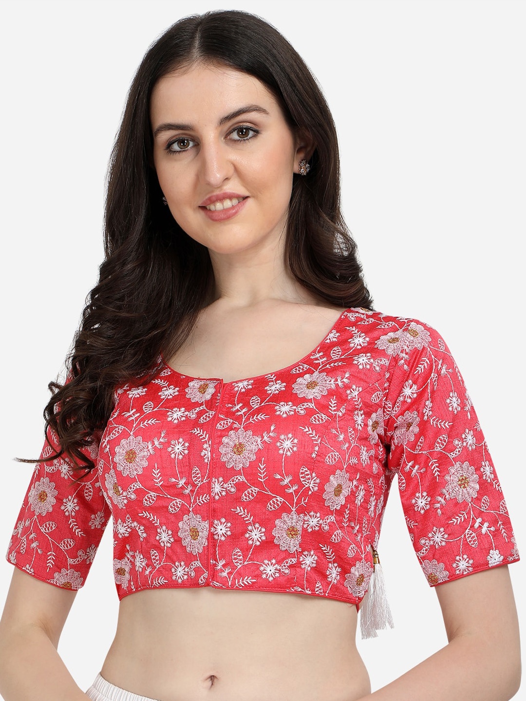 

Amrutam Fab Women Peach Embroidered Silk Saree Blouse