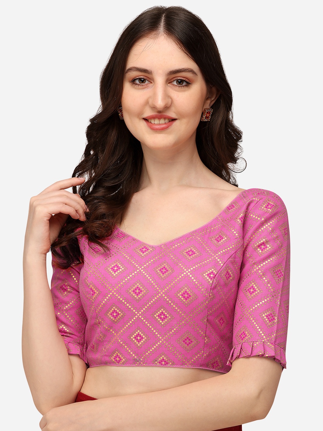

Amrutam Fab Women Pink Printed Jacquard Saree Blouse