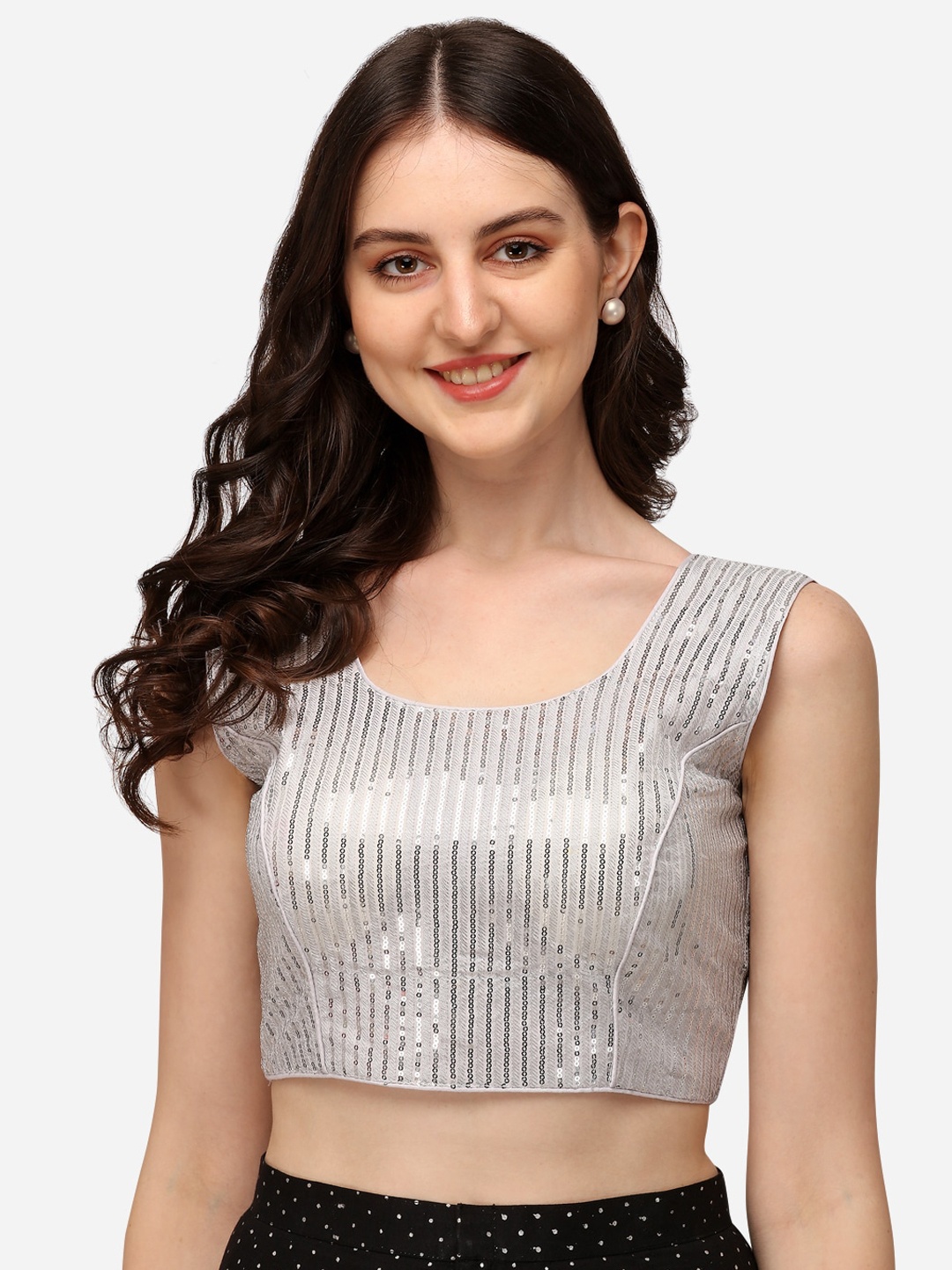 

Amrutam Fab Women Silver-Coloured Embellished Readymade Silk Saree Blouse