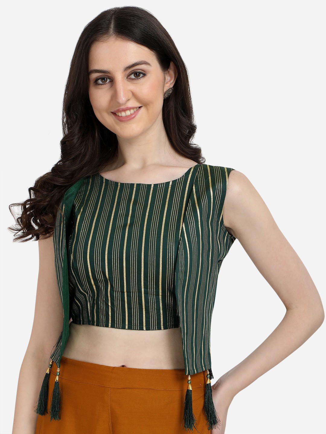 

Amrutam Fab Green Striped Silk Saree Blouse