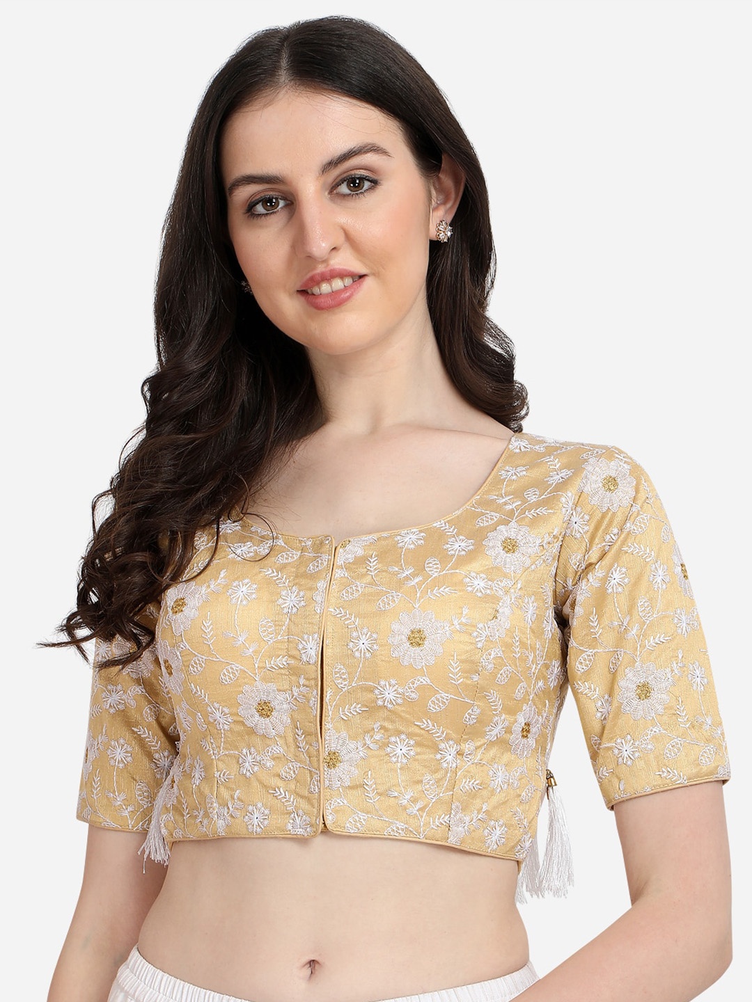 

Amrutam Fab Beige Embroidered Silk Saree Blouse
