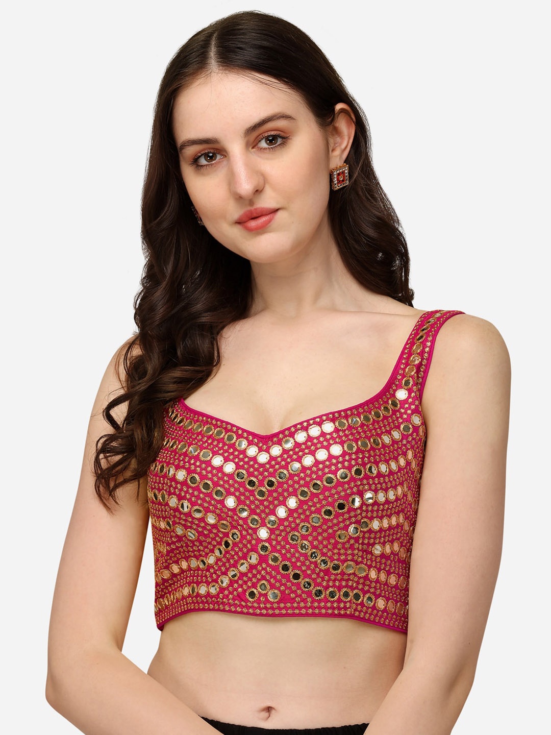 

Amrutam Fab Women Pink Mirror Work Sleeveless Saree Blouse