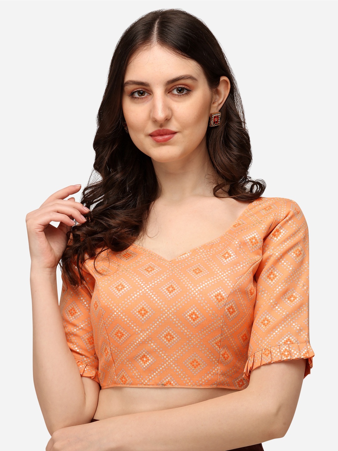 

Amrutam Fab Peach-Coloured Printed Sweethart Saree Blouse