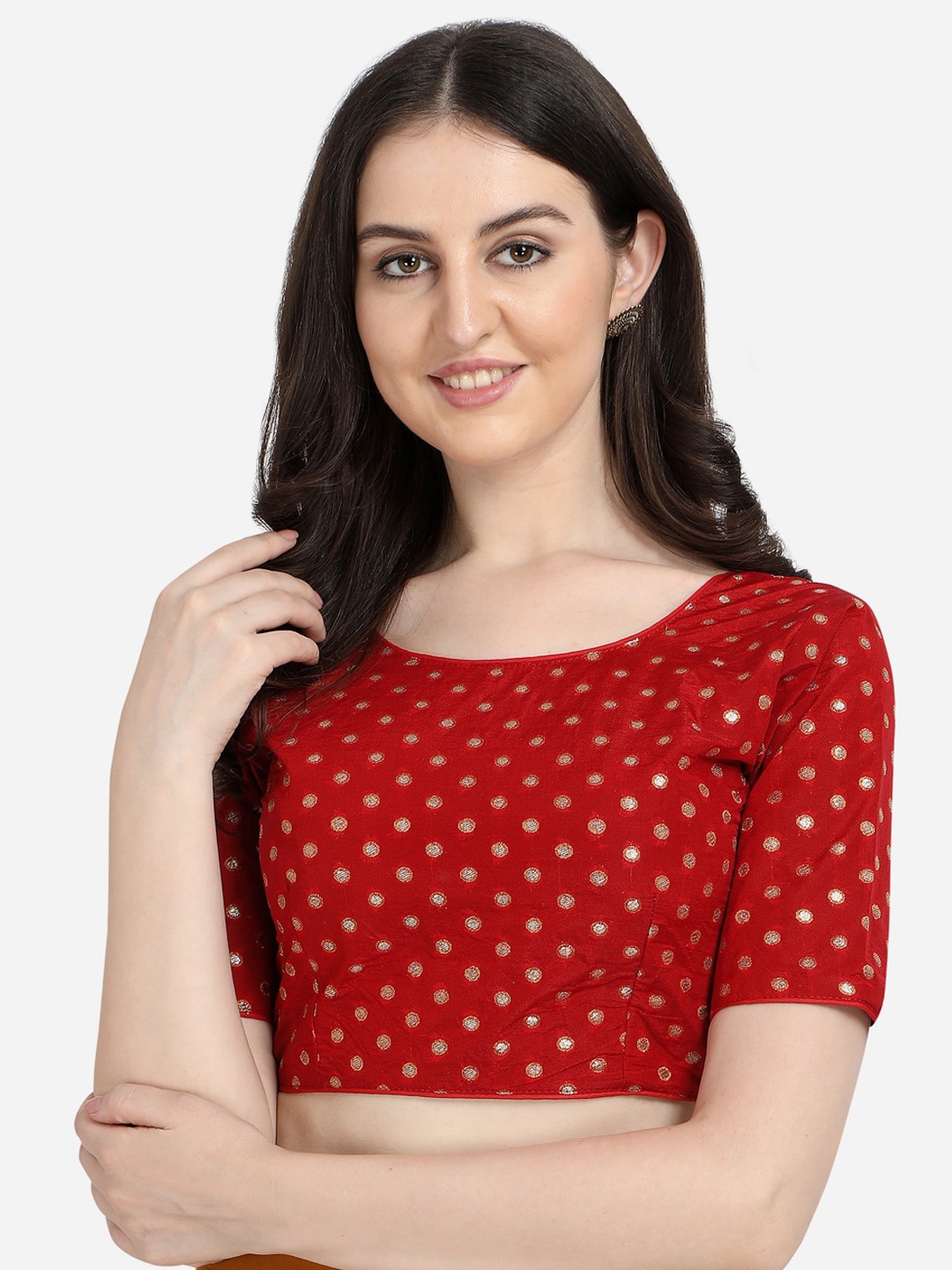 

Amrutam Fab Red Printed Boat Neck Saree Blouse