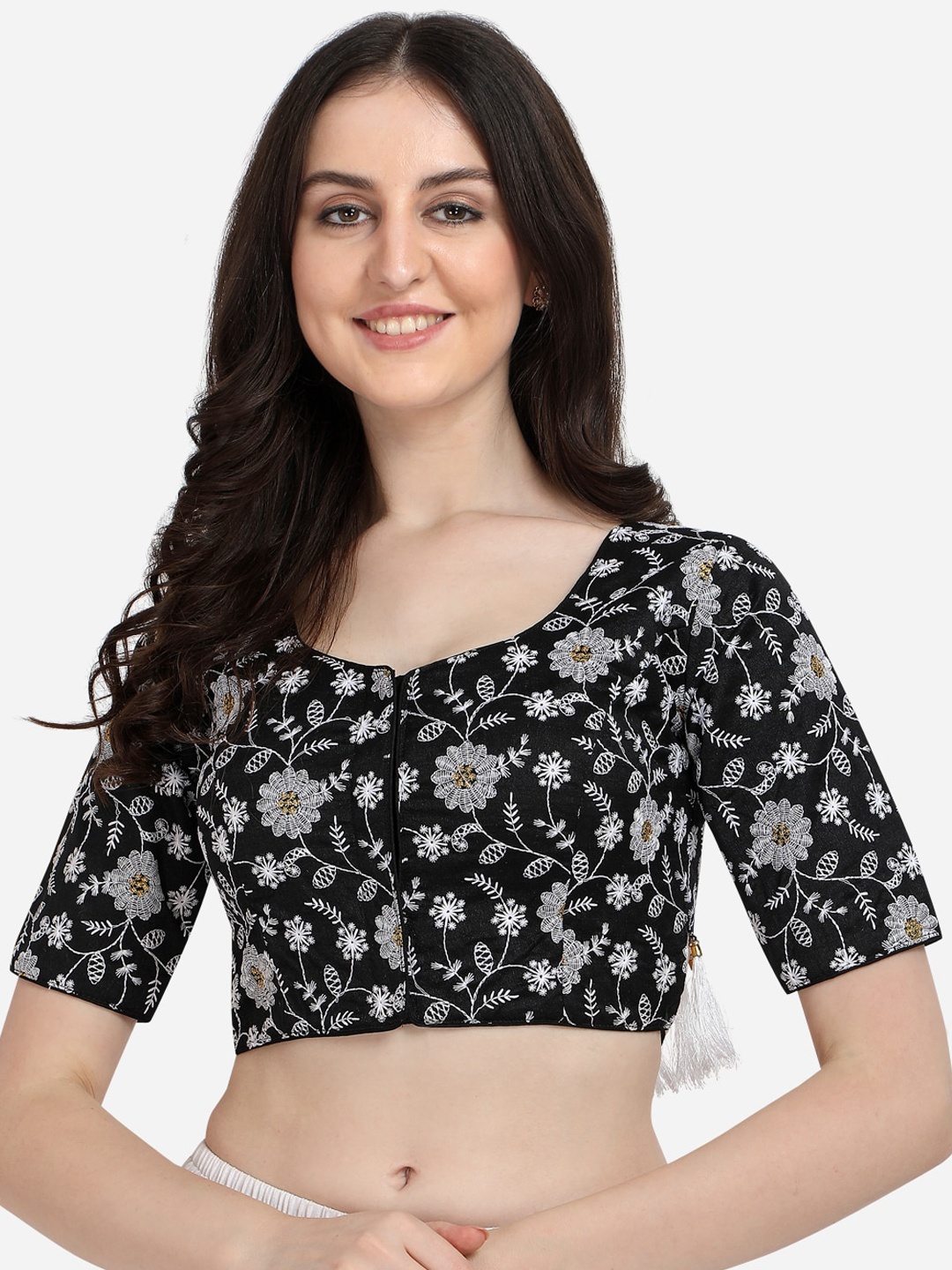 

Amrutam Fab Black Embroidered Silk Saree Blouse