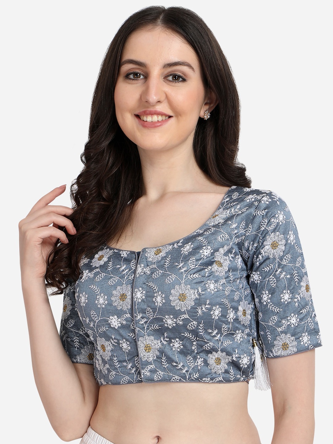 

Amrutam Fab Women Grey Embroidered & Tassels Saree Blouse