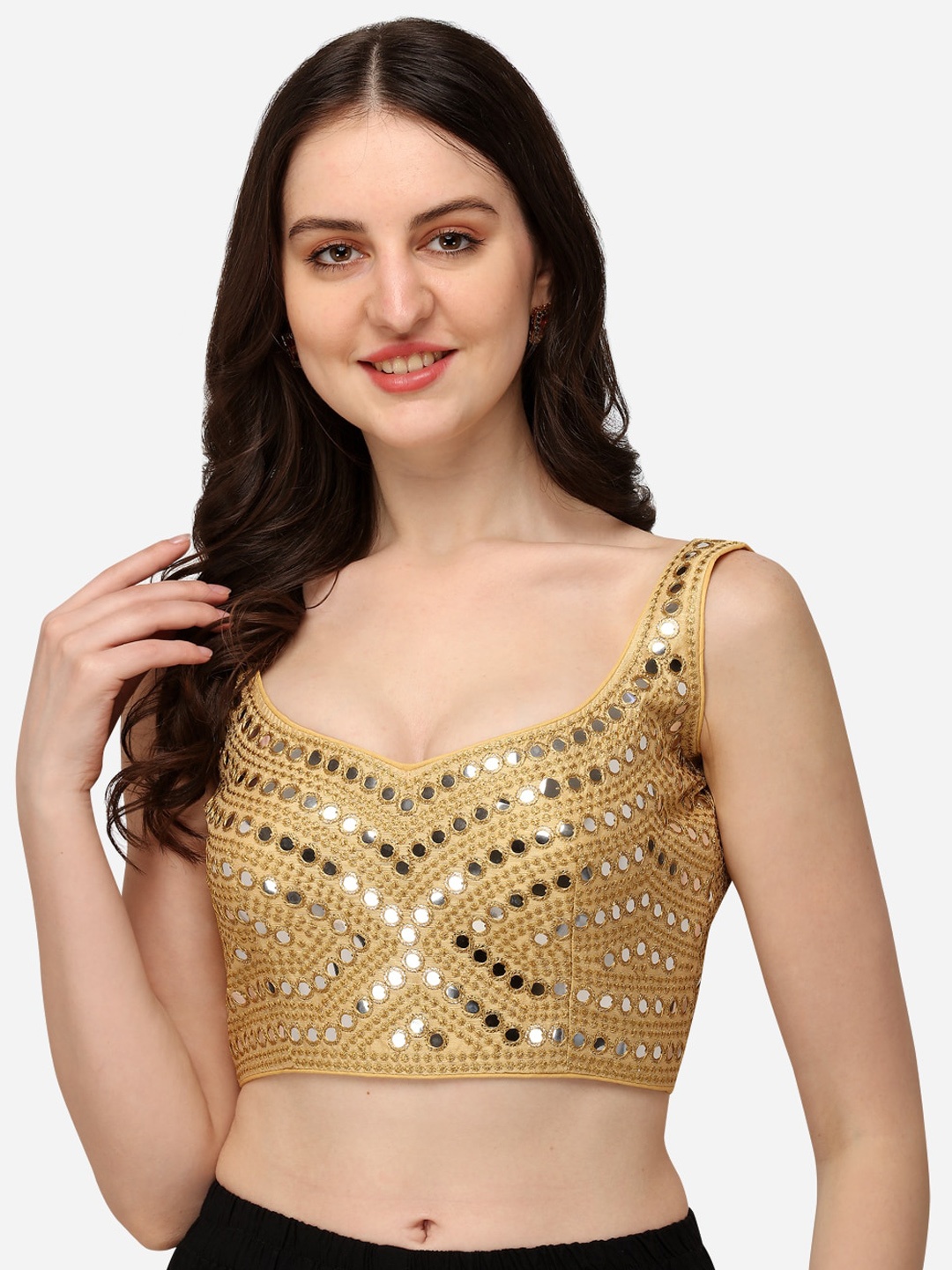 

Amrutam Fab Beige Embroidered Mirror Work Silk Saree Blouse