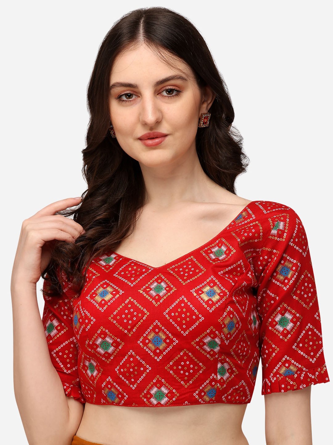 

Amrutam Fab Women Red & Blue Printed Jacquard Saree Blouse
