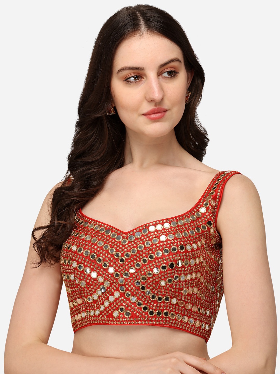 

Amrutam Fab Women Red & Gold Embroidered Mirror Work Silk Saree Blouse