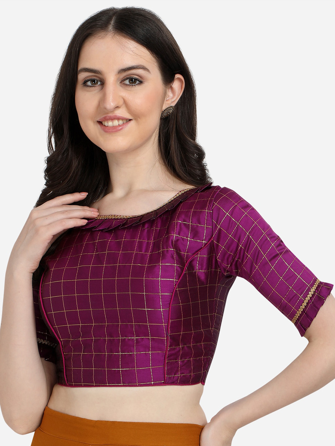 

Amrutam Fab Women Purple Checked Silk Boat Neck Saree Blouse