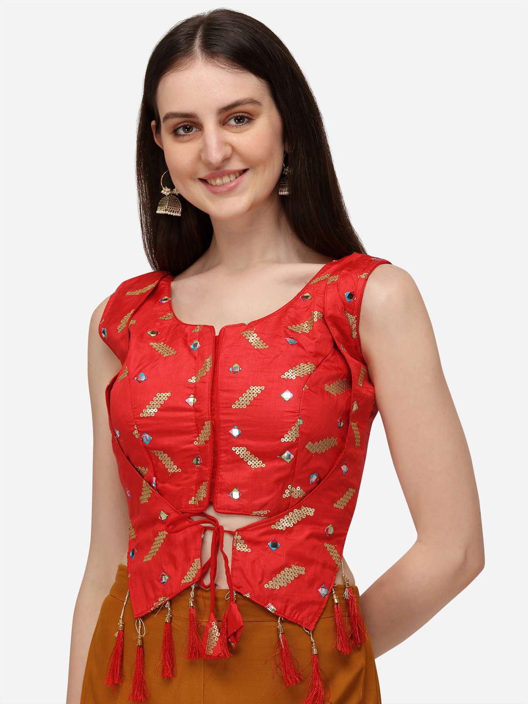 

Amrutam Fab Women Red & Gold Embellished Silk Sleeveless Saree Blouse