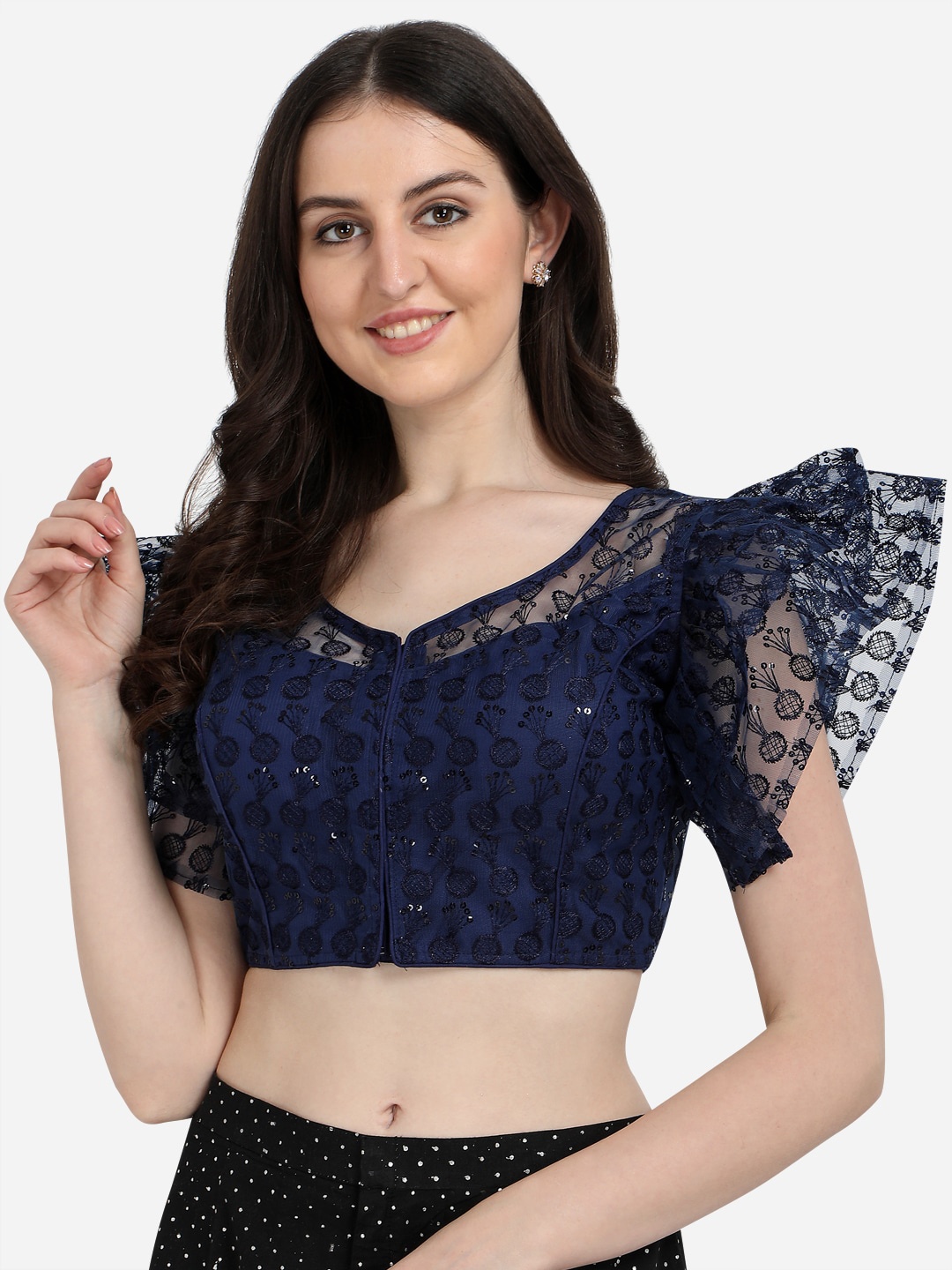 

Amrutam Fab Women Navy Blue Embroidered Net Saree Blouse