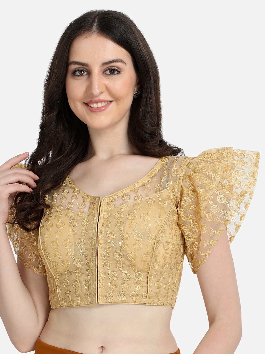 

Amrutam Fab Women Beige Embroidered Readymade Silk Saree Blouse