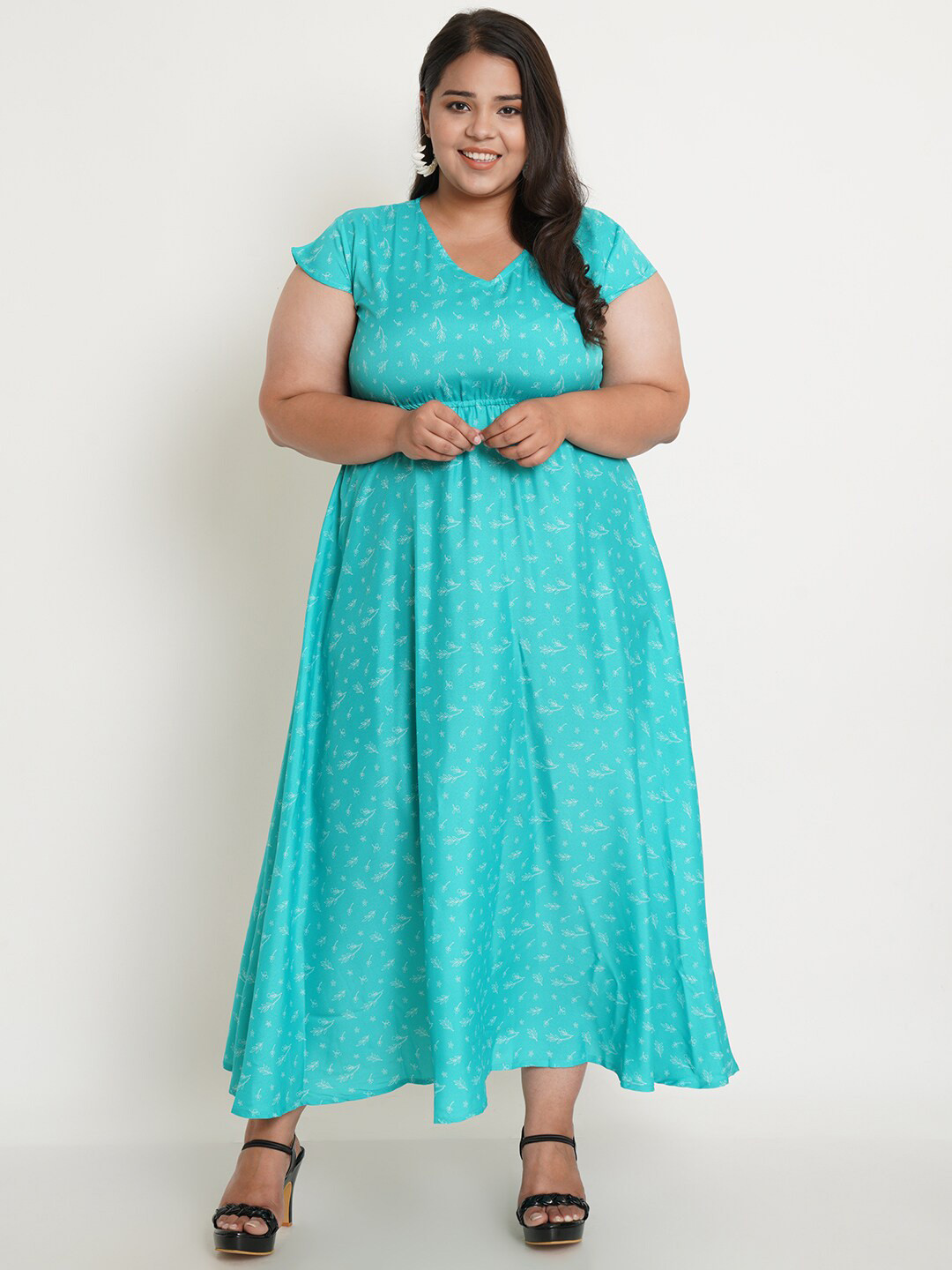 

U&F Women's Plus Size Turquoise Blue Ethnic Motifs Crepe Maxi Dress