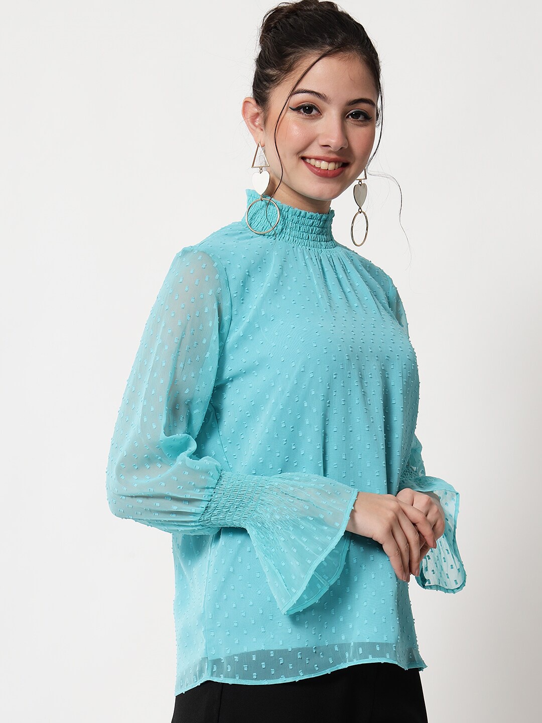 

CHARMGAL Women Blue Bell Sleeves Georgette Top