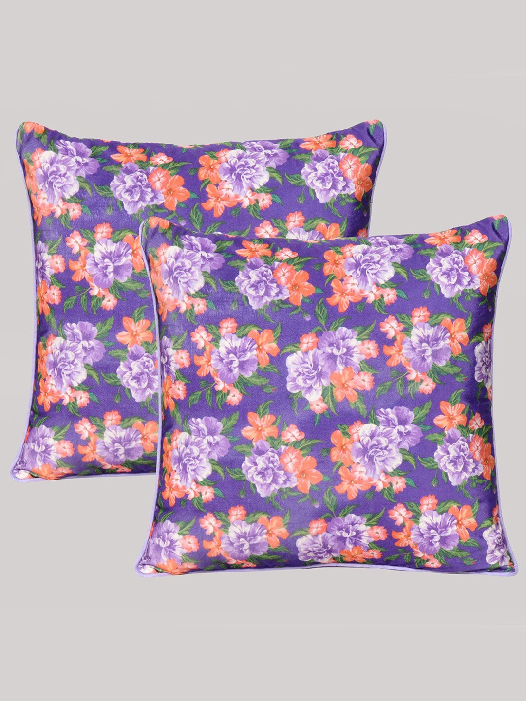 

OUSSUM Purple & Orange Set of 2 Floral Velvet Square Cushion Covers