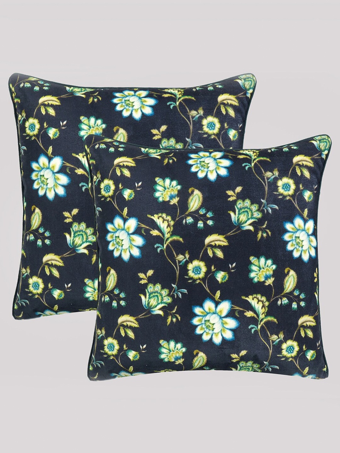 

OUSSUM Black & Green Set of 2 Floral Velvet Square Cushion Covers