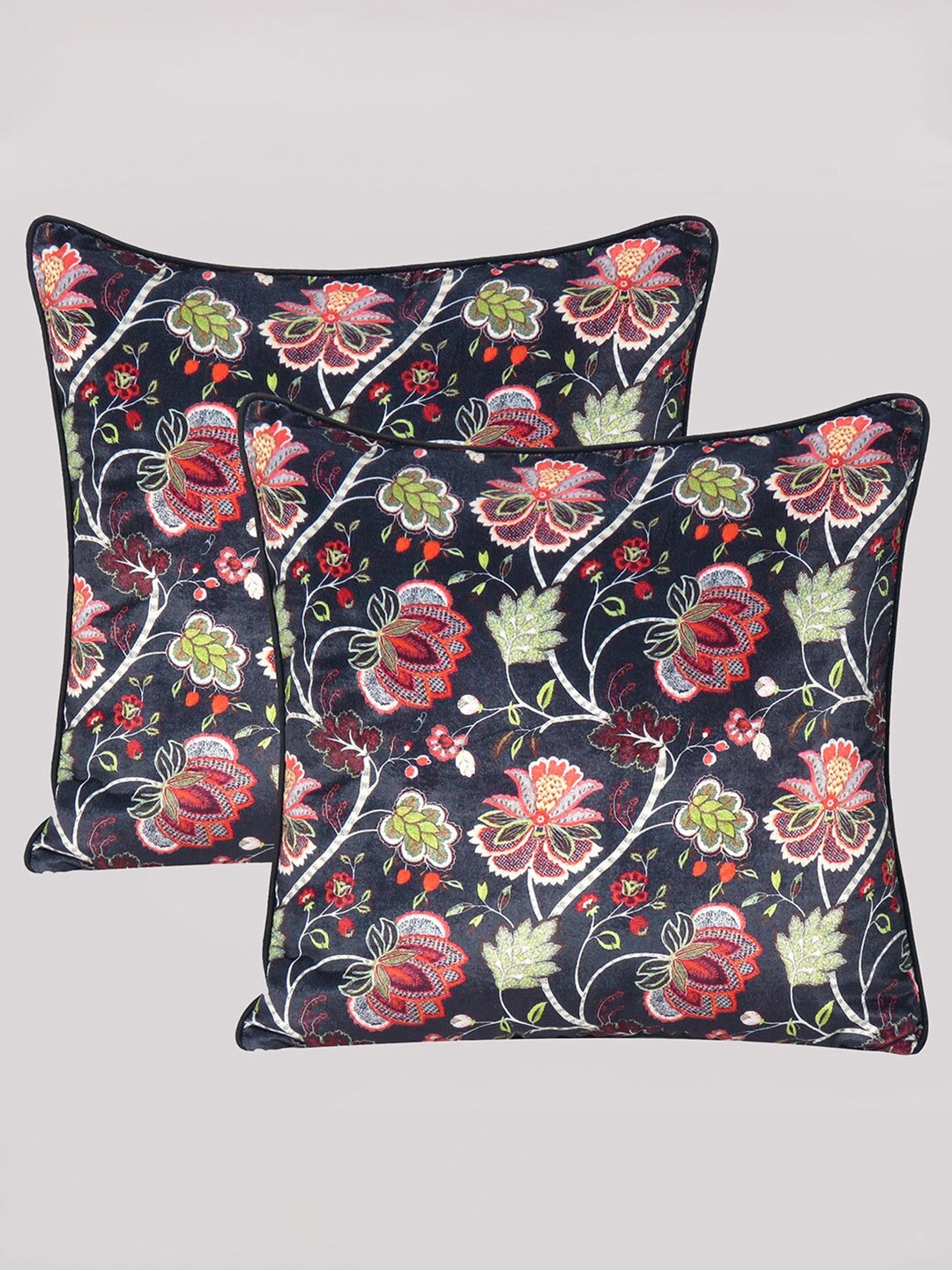 

OUSSUM Black & Red Set of 2 Floral Velvet Square Cushion Covers