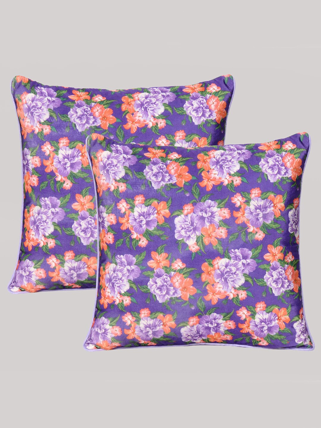 

OUSSUM Purple & Green Set of 2 Floral Velvet Square Cushion Covers