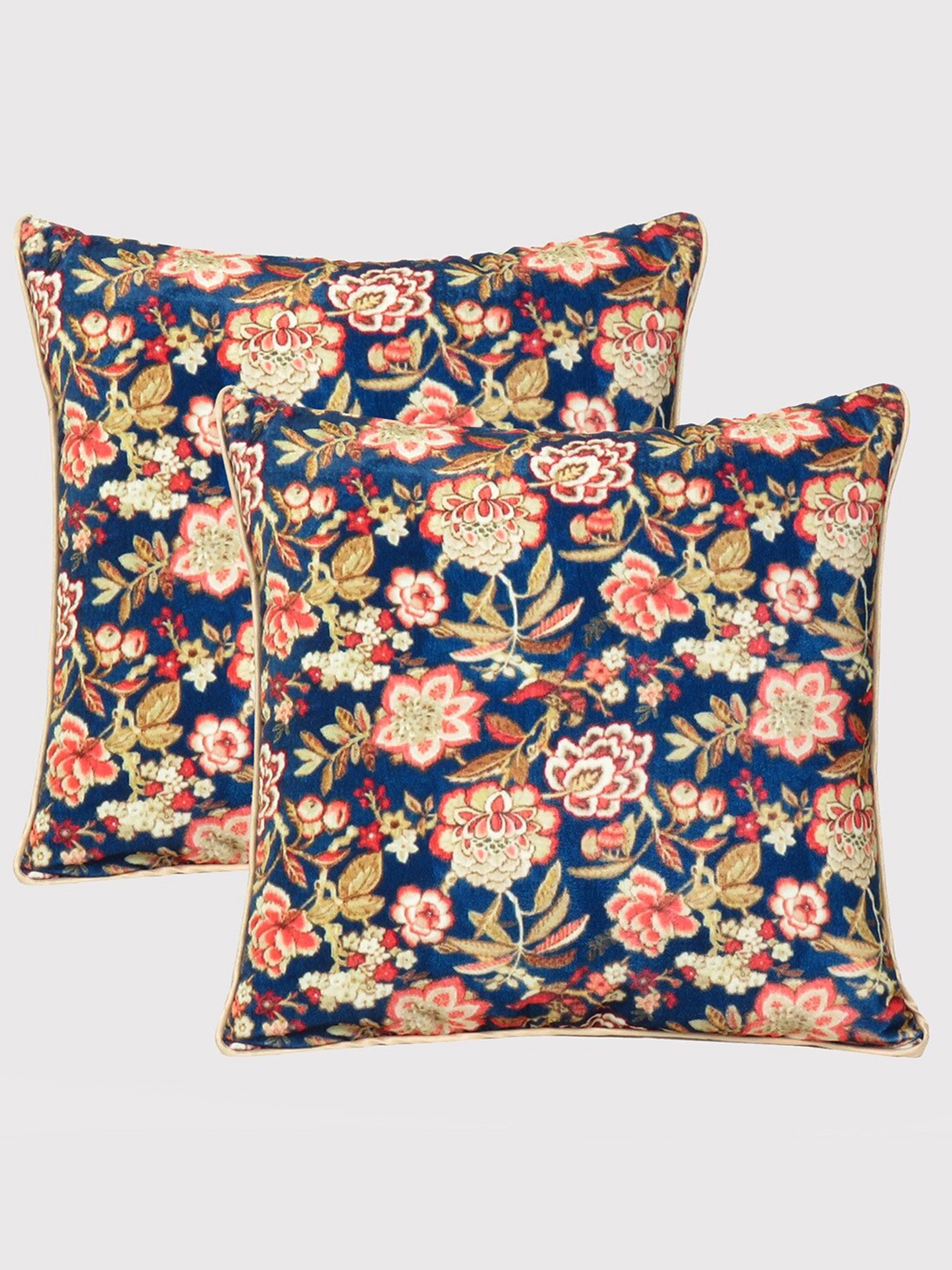 

OUSSUM Set of 2 Floral Printed Velvet Square Cushion Covers, Blue