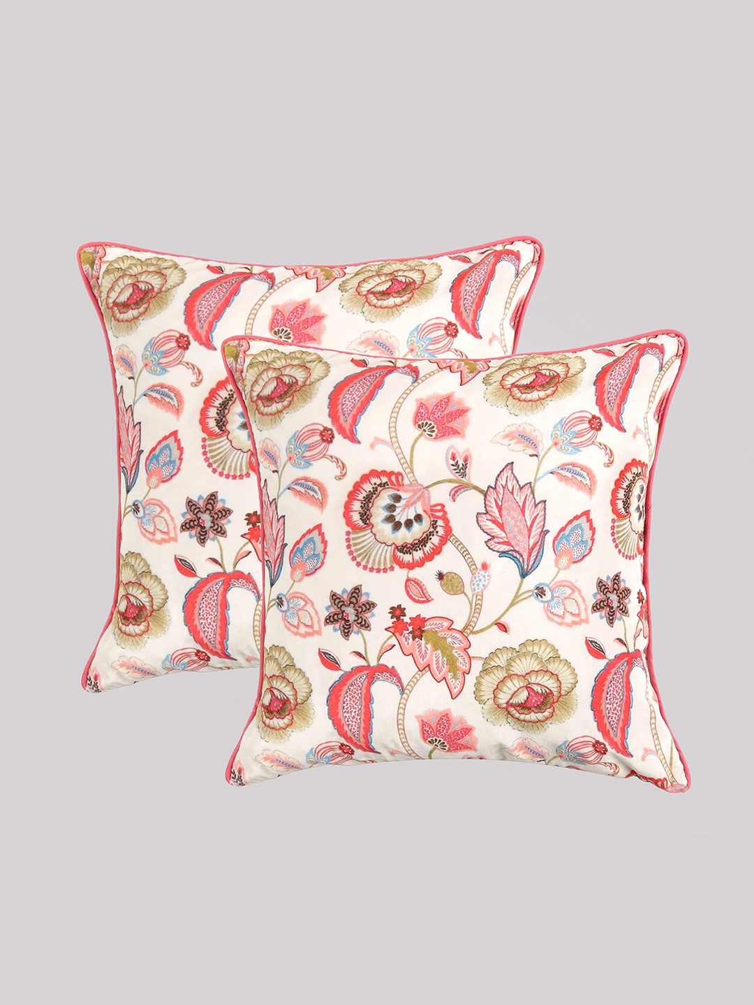 

OUSSUM White & Pink Set of 2 Floral Velvet Square Cushion Covers