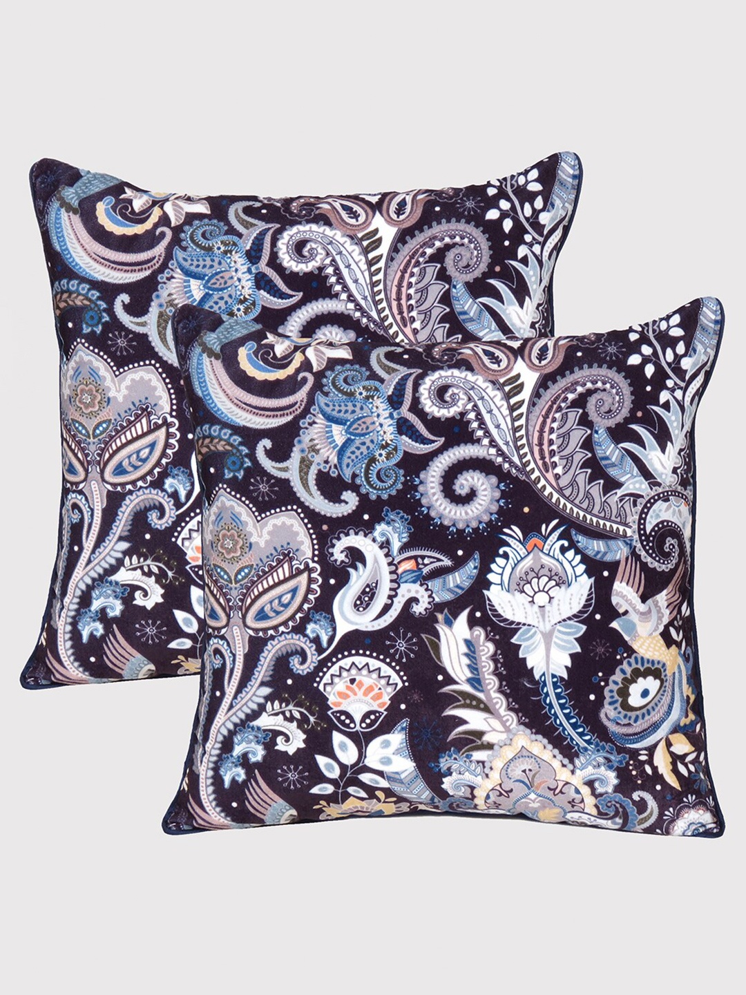 

OUSSUM Set of 2 Ethnic Motifs Velvet Square Cushion Covers, Blue