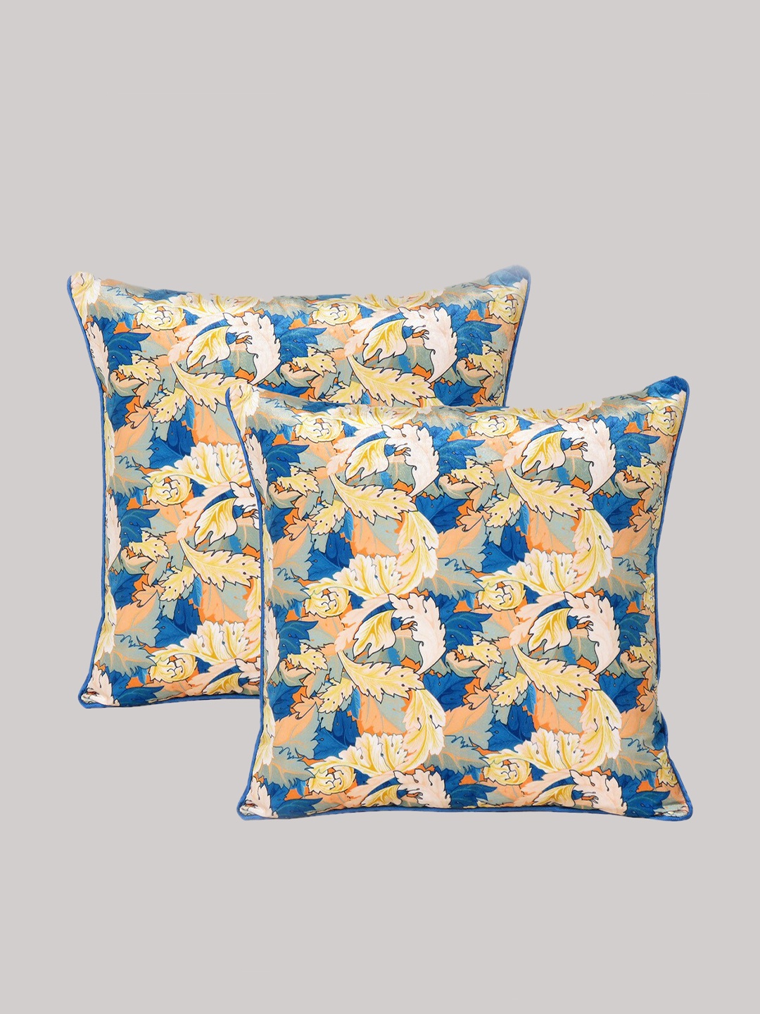 

OUSSUM Blue & Beige Set of 2 Floral Velvet Square Cushion Covers