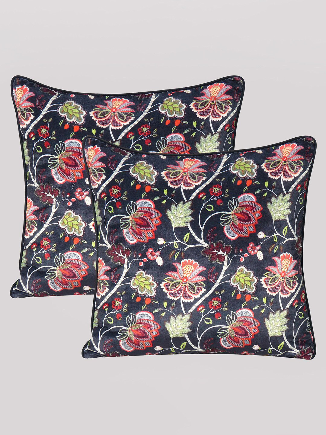

OUSSUM Set of 2 Floral Printed Velvet Square Cushion Covers, Black