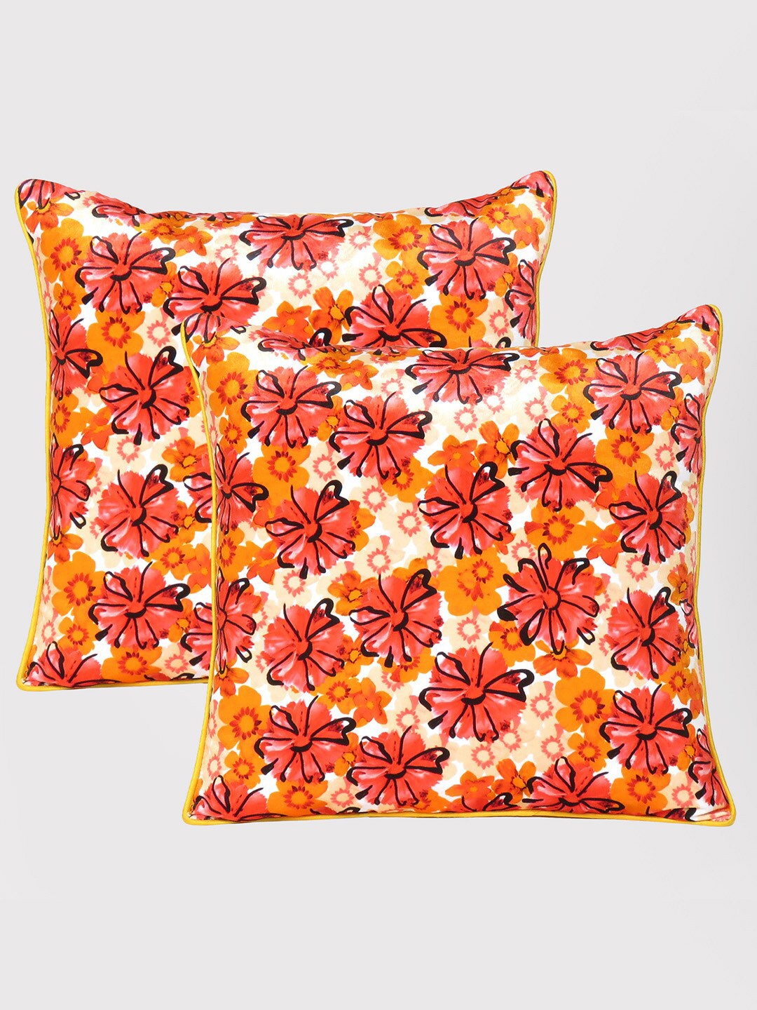 

OUSSUM Yellow & Orange Set of 2 Floral Velvet Square Cushion Covers